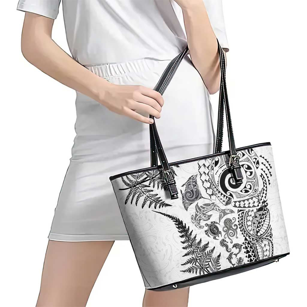 New Zealand Sea Animals Leather Tote Bag with Maori Koru Tribal Tattoo and Silver Ferns White Color LT03 - Polynesian Pride