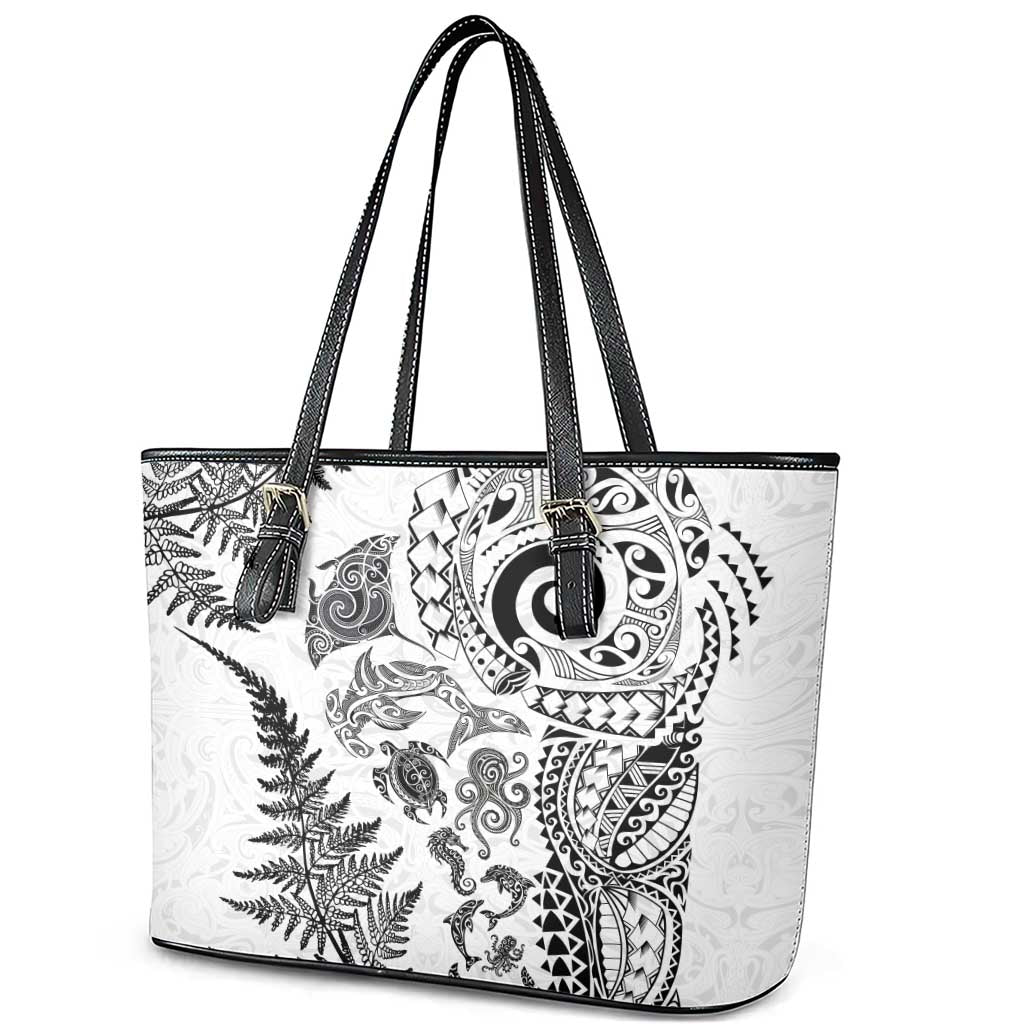 New Zealand Sea Animals Leather Tote Bag with Maori Koru Tribal Tattoo and Silver Ferns White Color LT03 - Polynesian Pride