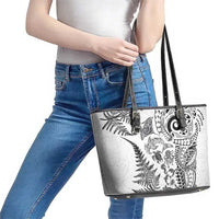 New Zealand Sea Animals Leather Tote Bag with Maori Koru Tribal Tattoo and Silver Ferns White Color LT03 - Polynesian Pride