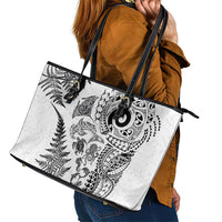 New Zealand Sea Animals Leather Tote Bag with Maori Koru Tribal Tattoo and Silver Ferns White Color LT03 - Polynesian Pride