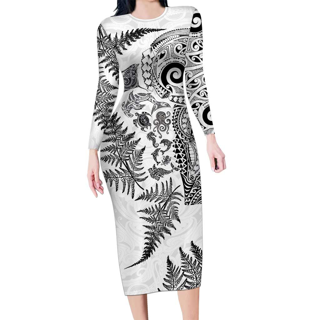 New Zealand Sea Animals Long Sleeve Bodycon Dress with Maori Koru Tribal Tattoo and Silver Ferns White Color