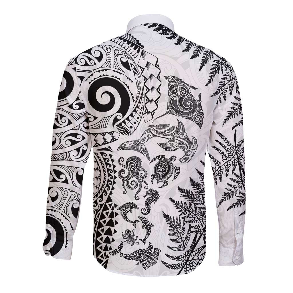 New Zealand Sea Animals Long Sleeve Button Shirt with Maori Koru Tribal Tattoo and Silver Ferns White Color LT03 - Polynesian Pride