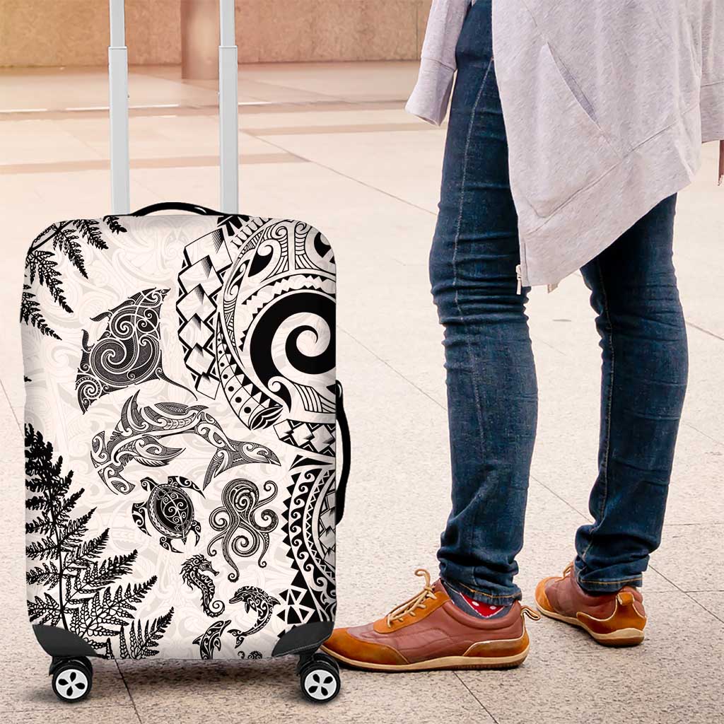 New Zealand Sea Animals Luggage Cover with Maori Koru Tribal Tattoo and Silver Ferns White Color LT03 White - Polynesian Pride