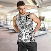 New Zealand Sea Animals Men Tank Top with Maori Koru Tribal Tattoo and Silver Ferns White Color LT03 White - Polynesian Pride