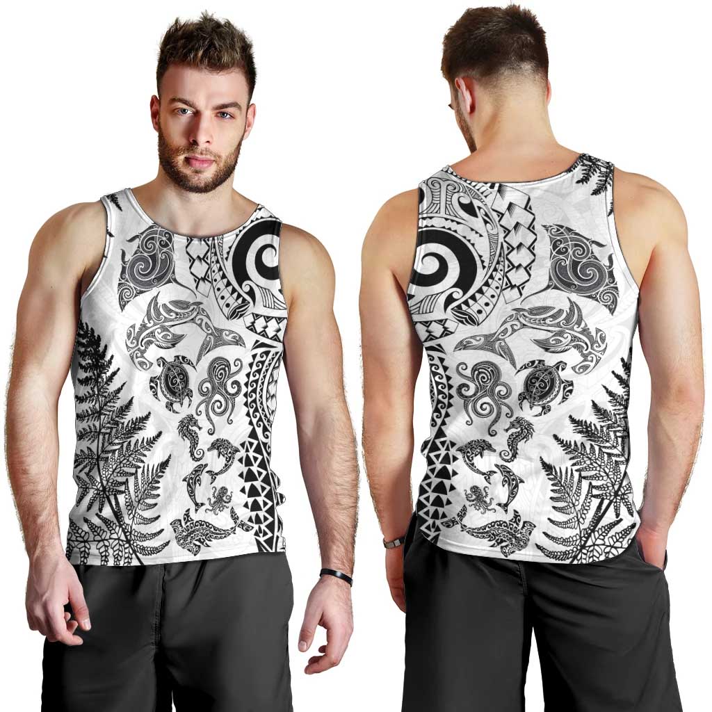 New Zealand Sea Animals Men Tank Top with Maori Koru Tribal Tattoo and Silver Ferns White Color LT03 - Polynesian Pride