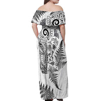 New Zealand Sea Animals Off Shoulder Maxi Dress with Maori Koru Tribal Tattoo and Silver Ferns White Color LT03 - Polynesian Pride