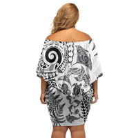 New Zealand Sea Animals Off Shoulder Short Dress with Maori Koru Tribal Tattoo and Silver Ferns White Color LT03 - Polynesian Pride