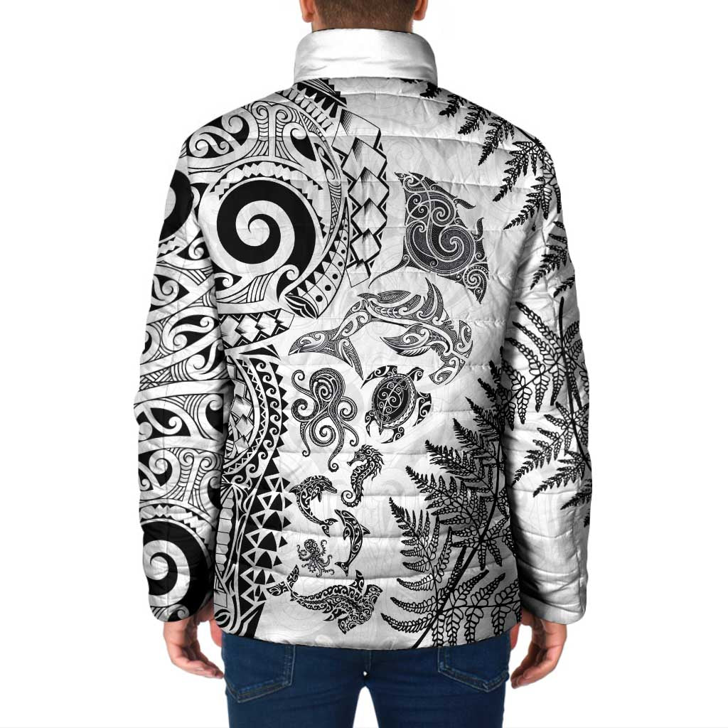 New Zealand Sea Animals Padded Jacket with Maori Koru Tribal Tattoo and Silver Ferns White Color LT03 - Polynesian Pride
