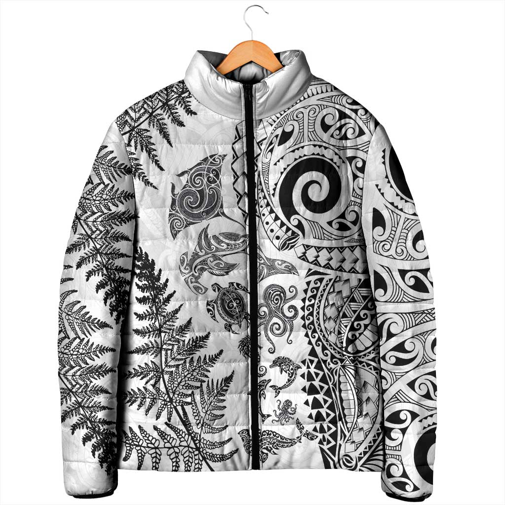 New Zealand Sea Animals Padded Jacket with Maori Koru Tribal Tattoo and Silver Ferns White Color LT03 - Polynesian Pride