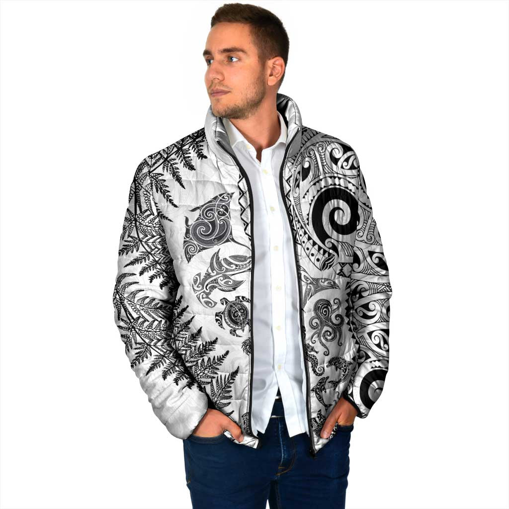 New Zealand Sea Animals Padded Jacket with Maori Koru Tribal Tattoo and Silver Ferns White Color LT03 - Polynesian Pride