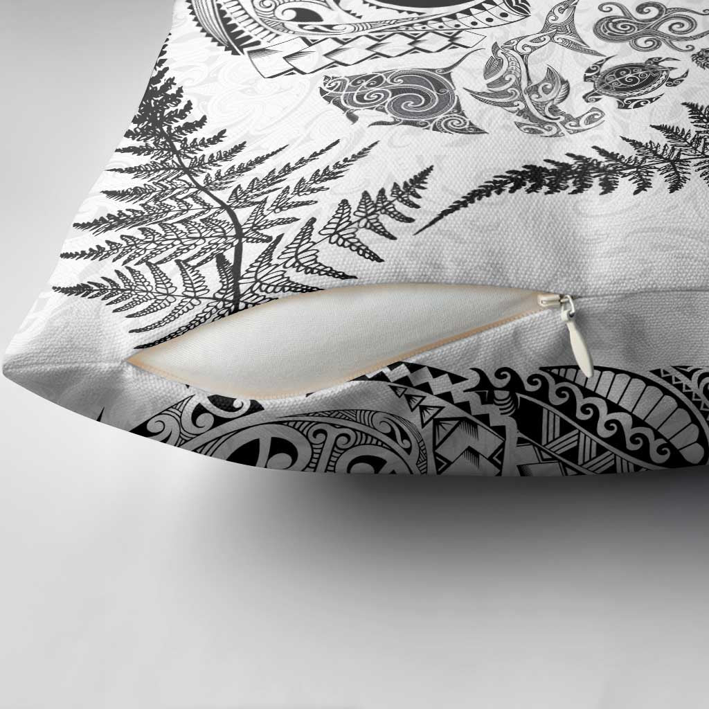 New Zealand Sea Animals Pillow Cover with Maori Koru Tribal Tattoo and Silver Ferns White Color LT03 - Polynesian Pride