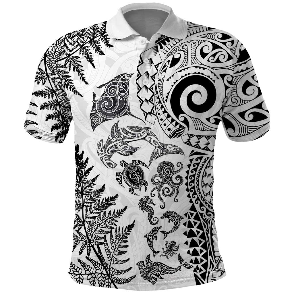 New Zealand Sea Animals Polo Shirt with Maori Koru Tribal Tattoo and Silver Ferns White Color LT03 White - Polynesian Pride