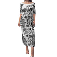 New Zealand Sea Animals Puletasi with Maori Koru Tribal Tattoo and Silver Ferns White Color LT03 Long Dress White - Polynesian Pride