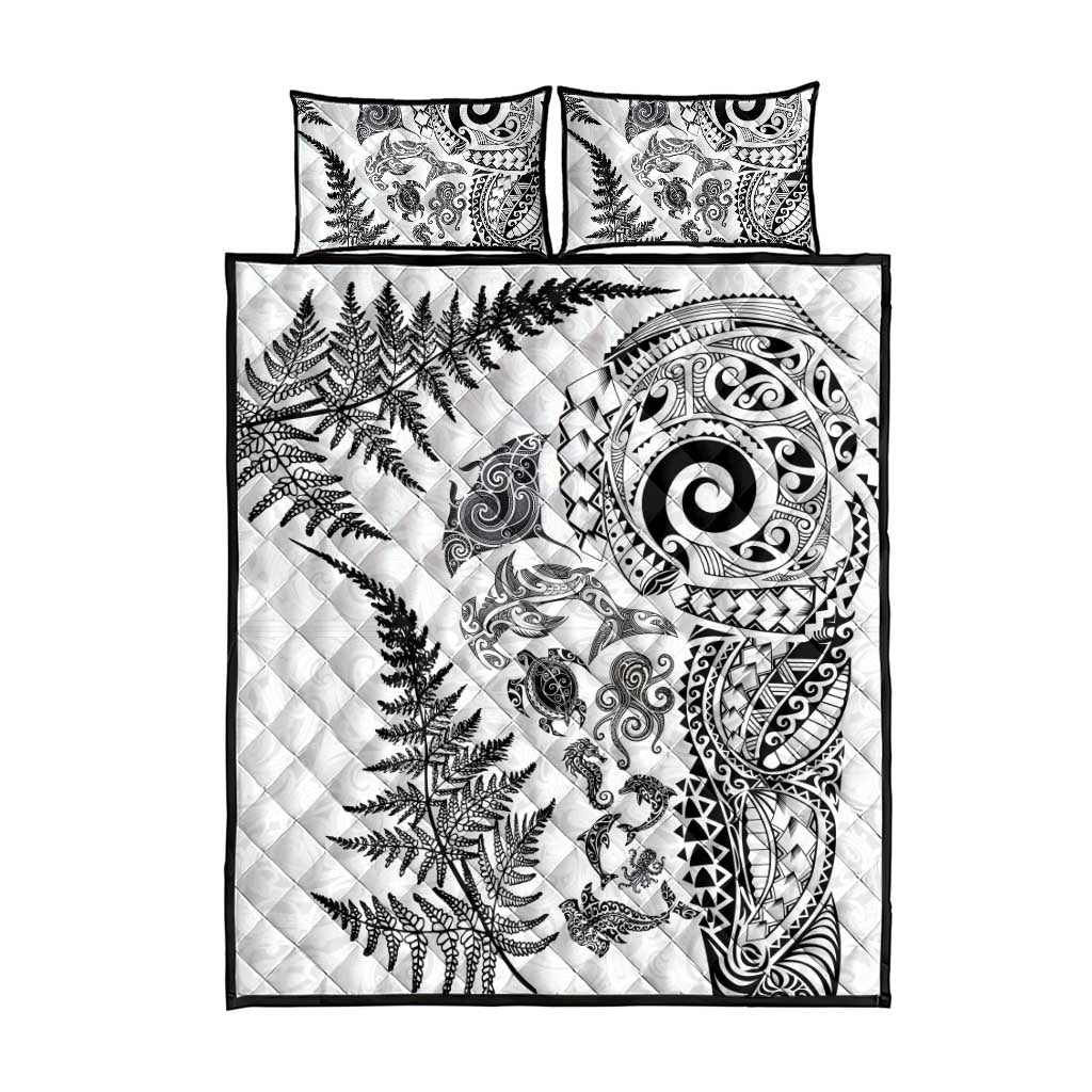 New Zealand Sea Animals Quilt Bed Set with Maori Koru Tribal Tattoo and Silver Ferns White Color LT03 - Polynesian Pride