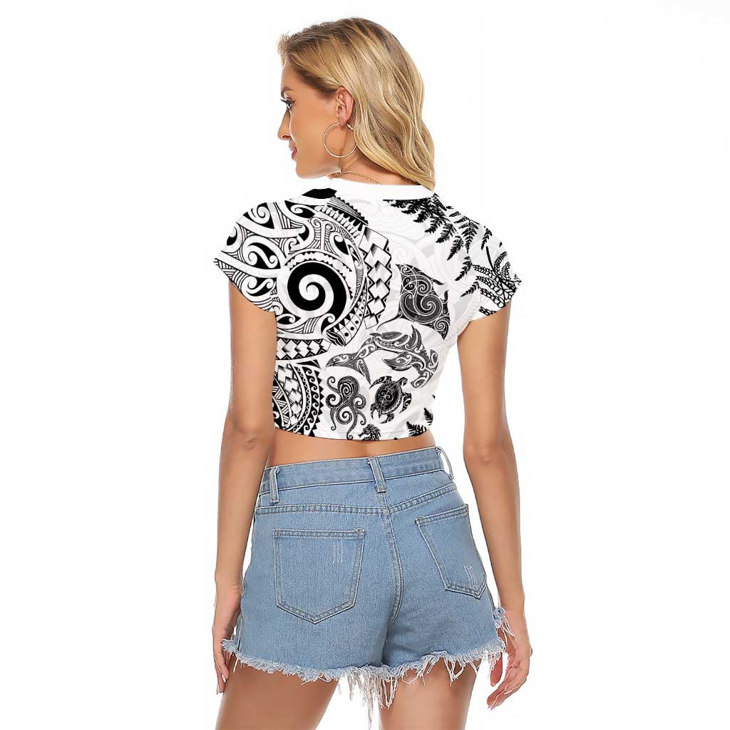 New Zealand Sea Animals Raglan Cropped T Shirt with Maori Koru Tribal Tattoo and Silver Ferns White Color LT03 - Polynesian Pride