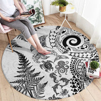 New Zealand Sea Animals Round Carpet with Maori Koru Tribal Tattoo and Silver Ferns White Color LT03 - Polynesian Pride
