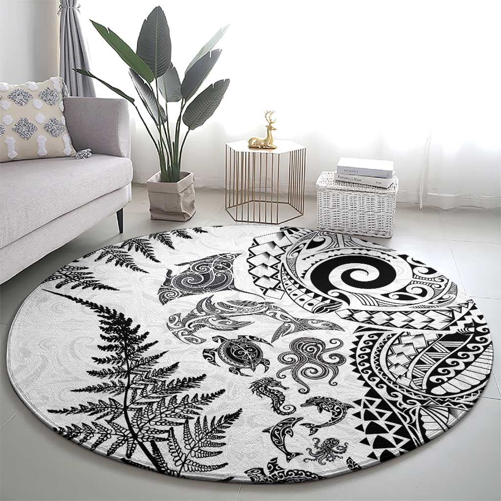 New Zealand Sea Animals Round Carpet with Maori Koru Tribal Tattoo and Silver Ferns White Color LT03 - Polynesian Pride