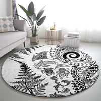 New Zealand Sea Animals Round Carpet with Maori Koru Tribal Tattoo and Silver Ferns White Color LT03 - Polynesian Pride