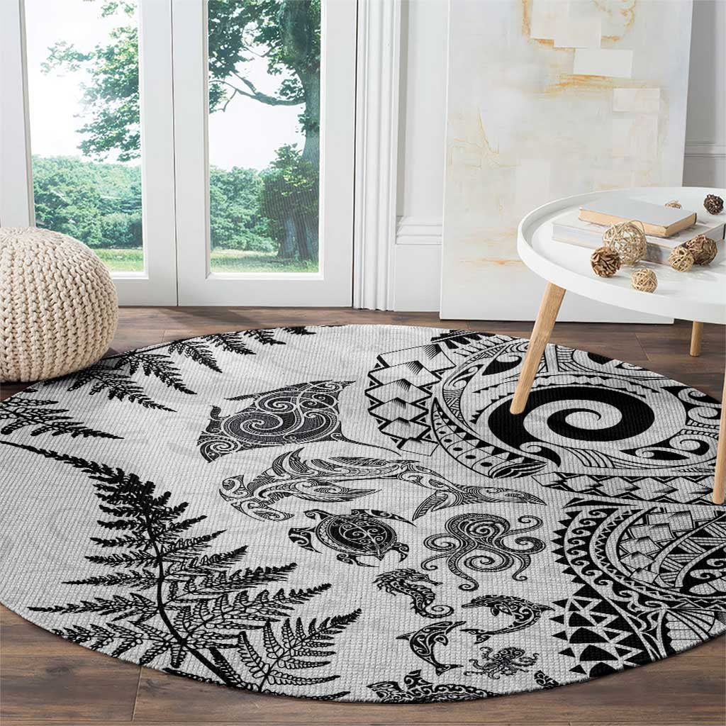 New Zealand Sea Animals Round Carpet with Maori Koru Tribal Tattoo and Silver Ferns White Color LT03 - Polynesian Pride