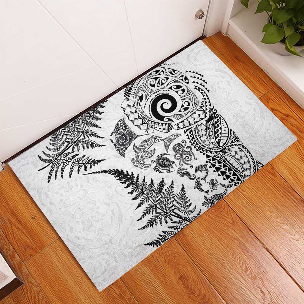 New Zealand Sea Animals Rubber Doormat with Maori Koru Tribal Tattoo and Silver Ferns White Color LT03 - Polynesian Pride