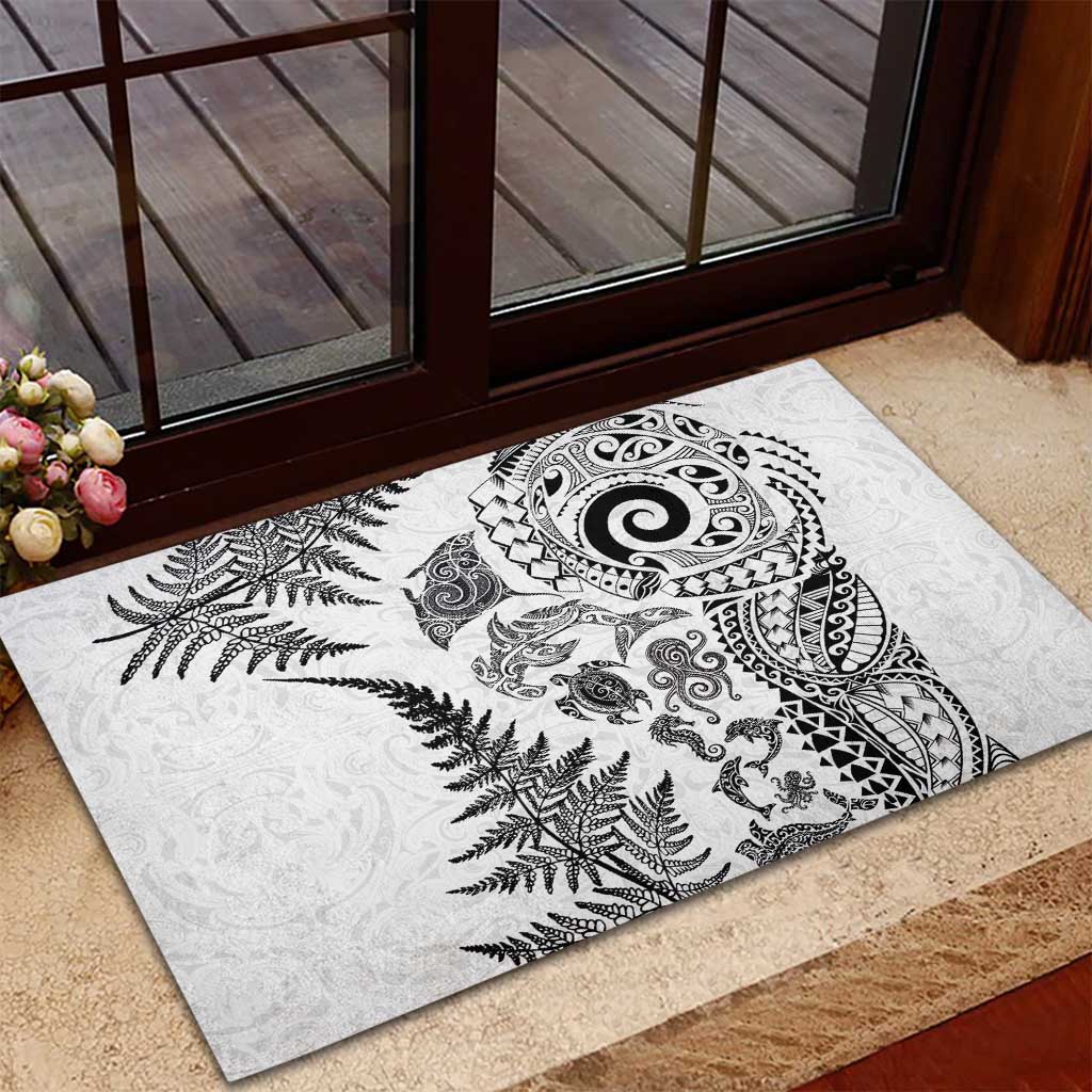 New Zealand Sea Animals Rubber Doormat with Maori Koru Tribal Tattoo and Silver Ferns White Color LT03 - Polynesian Pride