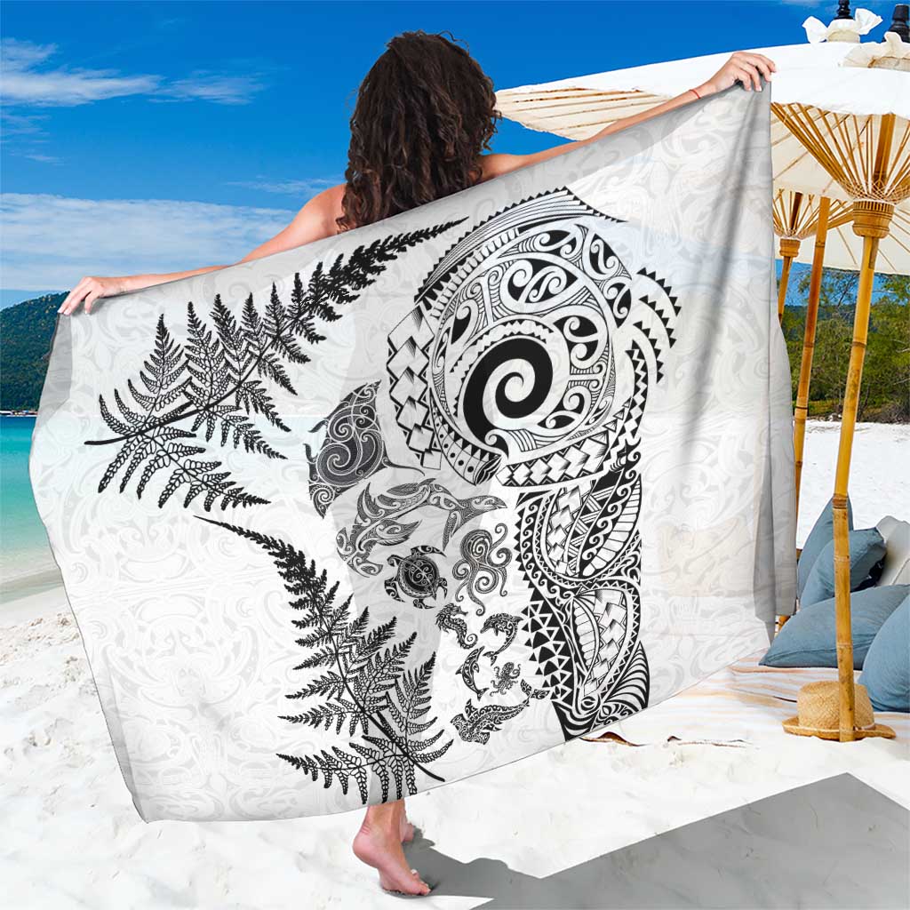New Zealand Sea Animals Sarong with Maori Koru Tribal Tattoo and Silver Ferns White Color LT03 One Size 44 x 66 inches White - Polynesian Pride