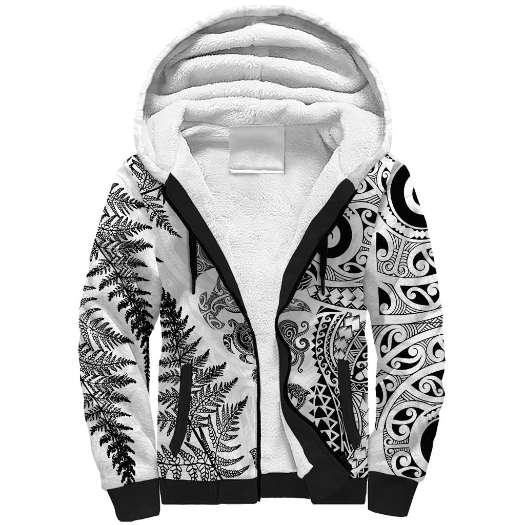 New Zealand Sea Animals Sherpa Hoodie with Maori Koru Tribal Tattoo and Silver Ferns White Color LT03 Unisex White - Polynesian Pride