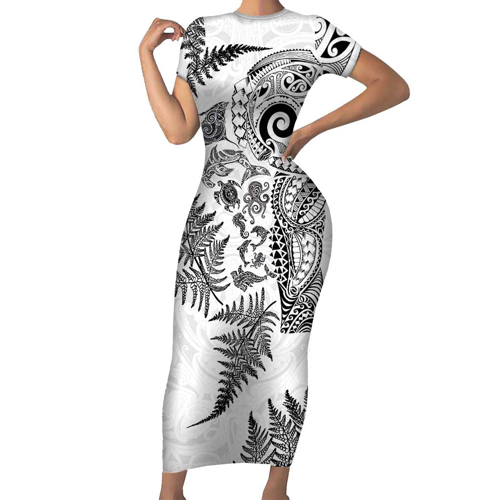 New Zealand Sea Animals Short Sleeve Bodycon Dress with Maori Koru Tribal Tattoo and Silver Ferns White Color LT03 Long Dress White - Polynesian Pride
