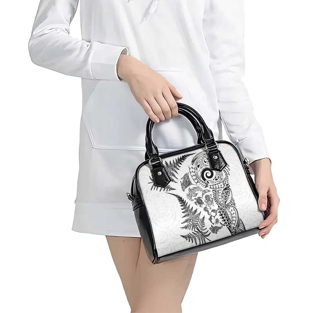 New Zealand Sea Animals Shoulder Handbag with Maori Koru Tribal Tattoo and Silver Ferns White Color LT03 - Polynesian Pride