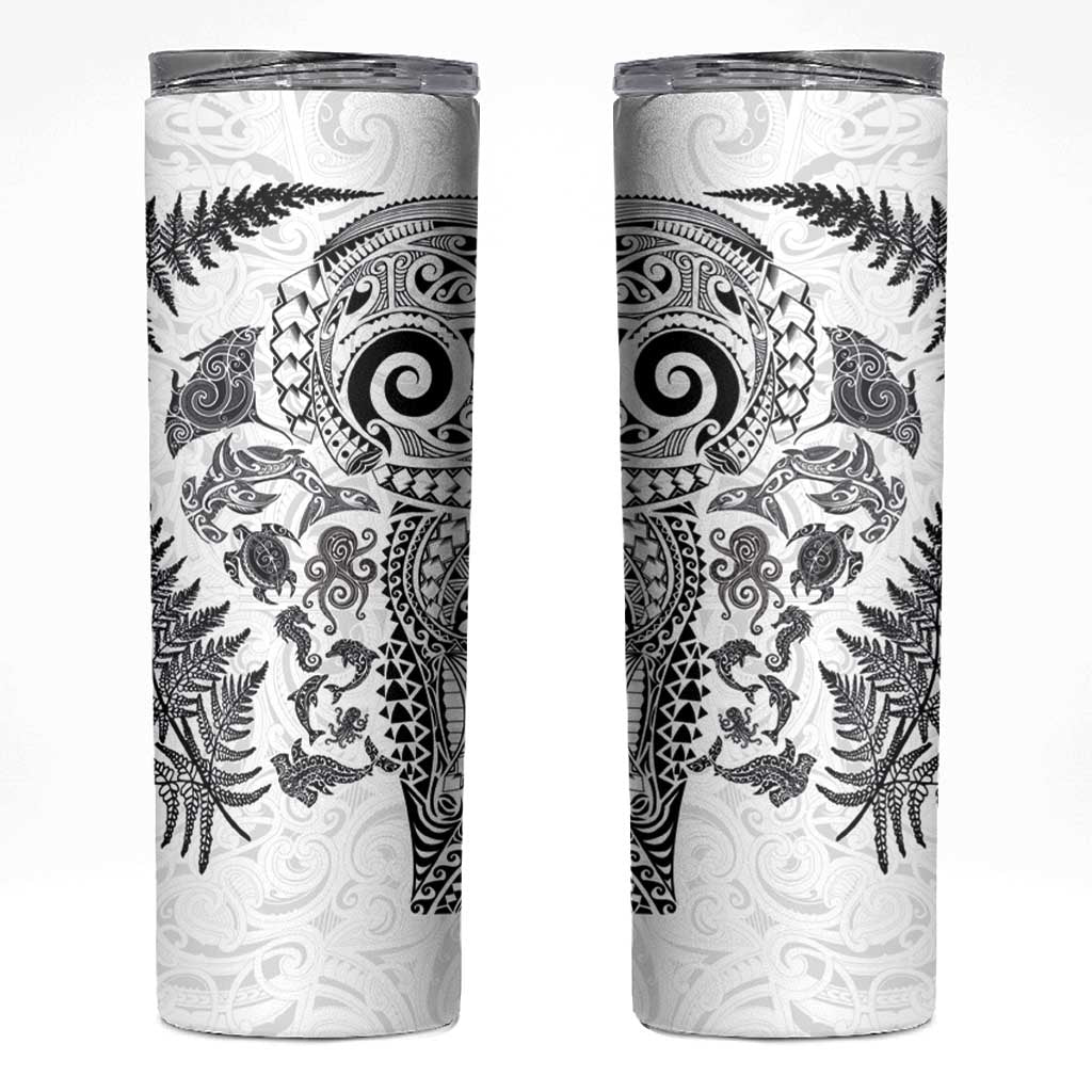 New Zealand Sea Animals Skinny Tumbler with Maori Koru Tribal Tattoo and Silver Ferns White Color