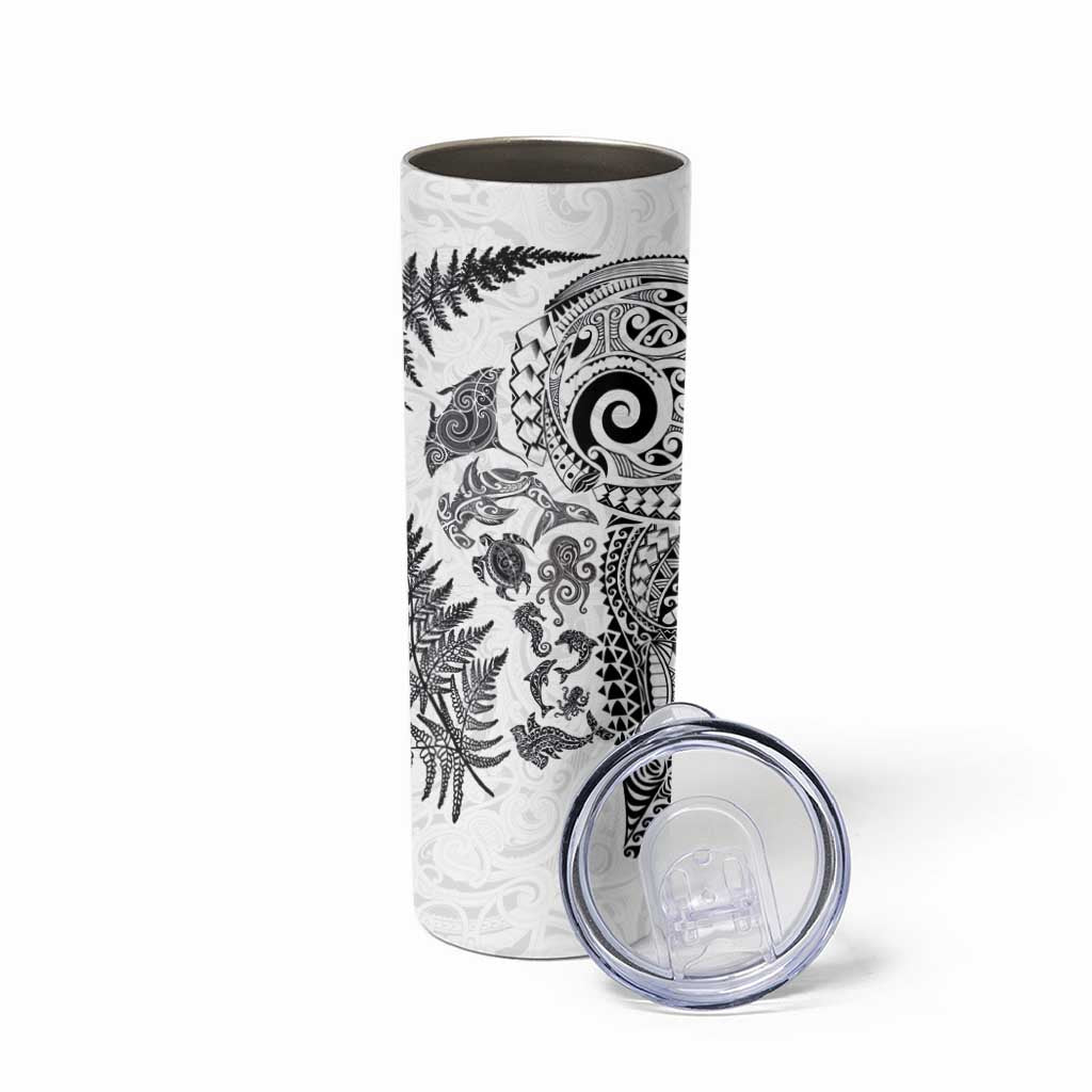 New Zealand Sea Animals Skinny Tumbler with Maori Koru Tribal Tattoo and Silver Ferns White Color LT03 - Polynesian Pride