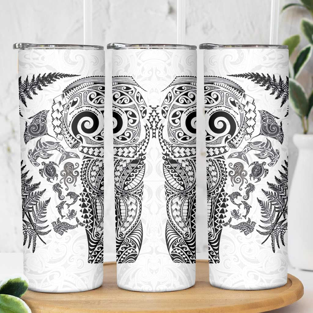 New Zealand Sea Animals Skinny Tumbler with Maori Koru Tribal Tattoo and Silver Ferns White Color LT03 - Polynesian Pride