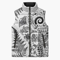 New Zealand Sea Animals Sleeveless Puffer Jacket with Maori Koru Tribal Tattoo and Silver Ferns White Color LT03 Unisex White - Polynesian Pride