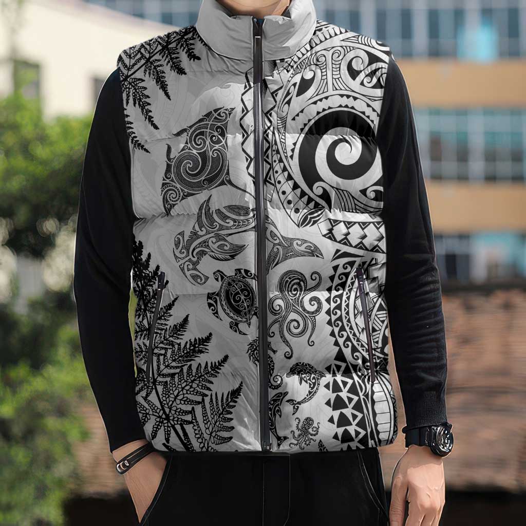 New Zealand Sea Animals Sleeveless Puffer Jacket with Maori Koru Tribal Tattoo and Silver Ferns White Color LT03 - Polynesian Pride