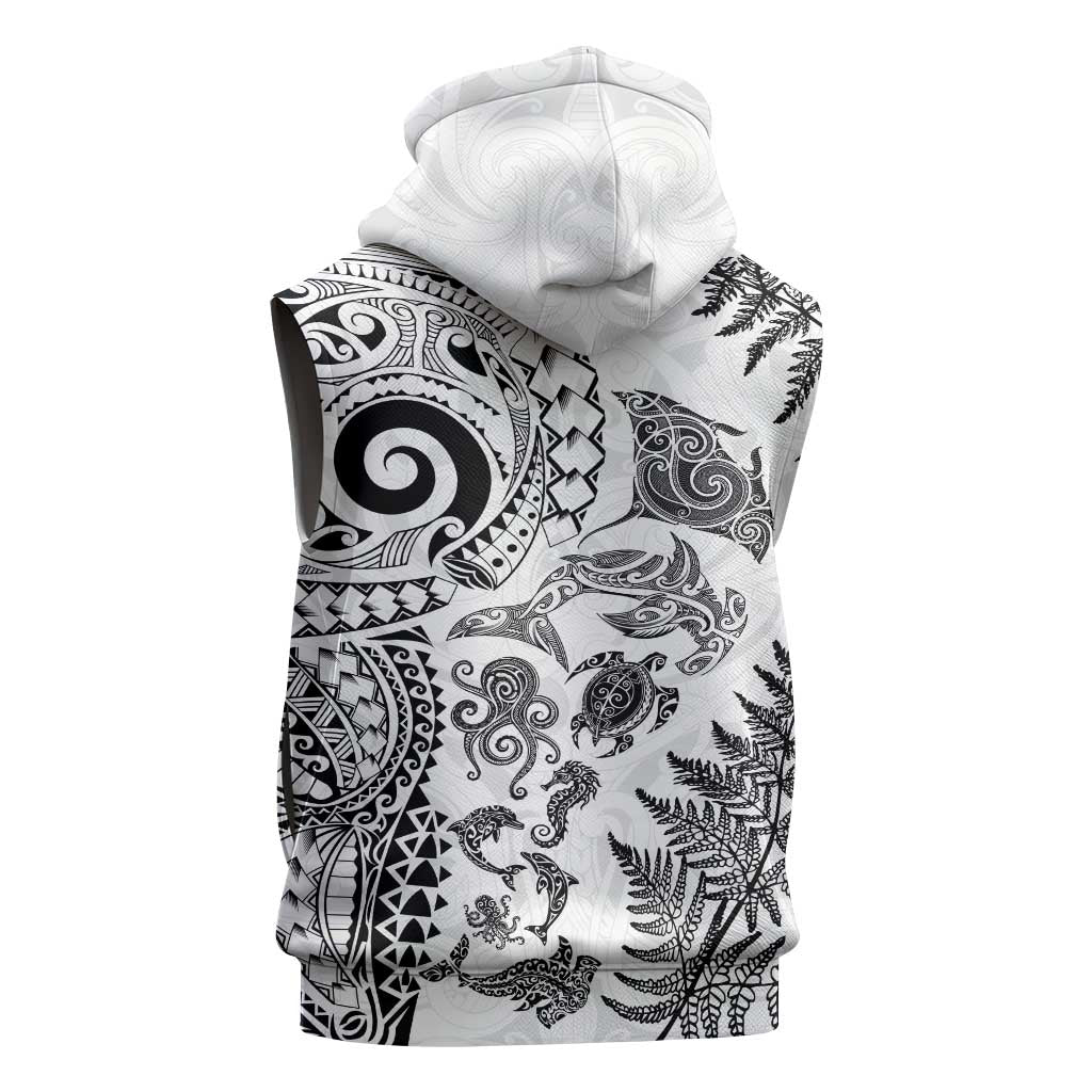New Zealand Sea Animals Sleeveless Zip Hoodie with Maori Koru Tribal Tattoo and Silver Ferns White Color LT03 - Polynesian Pride