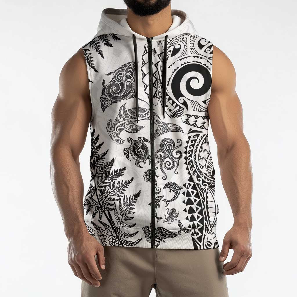 New Zealand Sea Animals Sleeveless Zip Hoodie with Maori Koru Tribal Tattoo and Silver Ferns White Color LT03 - Polynesian Pride