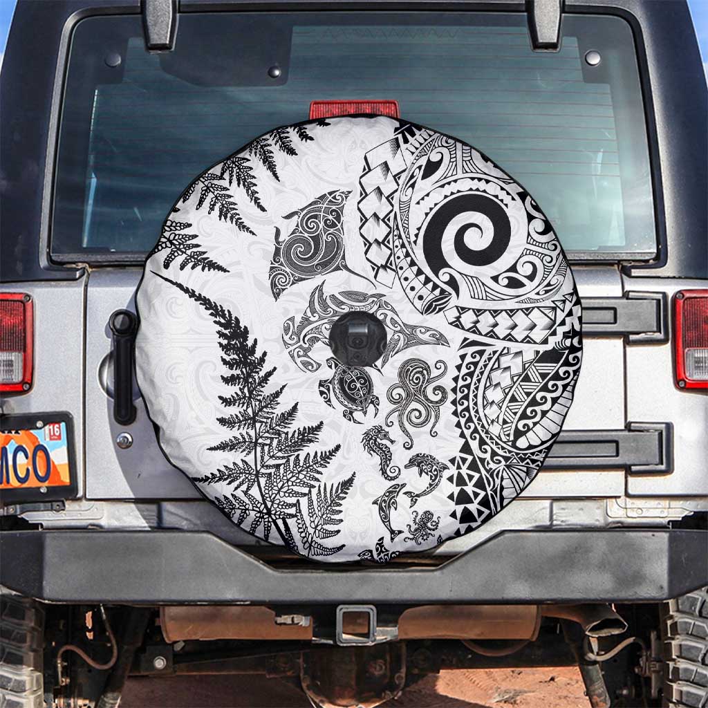 New Zealand Sea Animals Spare Tire Cover with Maori Koru Tribal Tattoo and Silver Ferns White Color LT03 White - Polynesian Pride