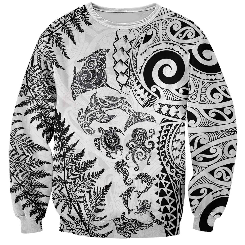 New Zealand Sea Animals Sweatshirt with Maori Koru Tribal Tattoo and Silver Ferns White Color LT03 Unisex White - Polynesian Pride