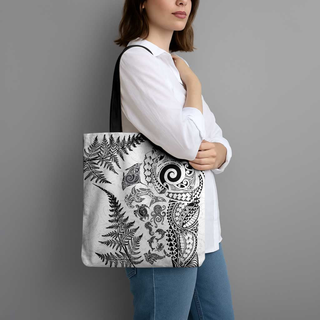 New Zealand Sea Animals Tote Bag with Maori Koru Tribal Tattoo and Silver Ferns White Color LT03 - Polynesian Pride