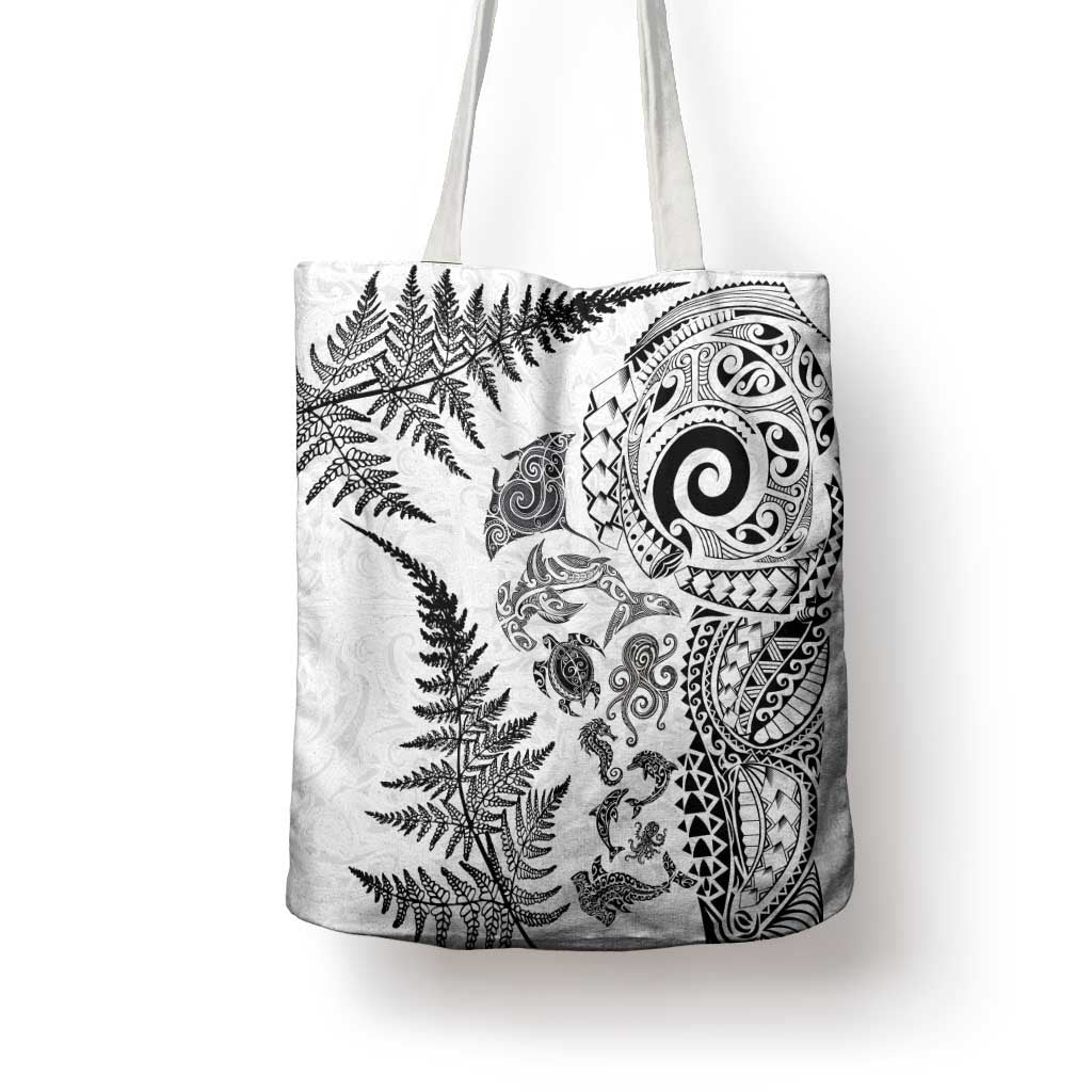 New Zealand Sea Animals Tote Bag with Maori Koru Tribal Tattoo and Silver Ferns White Color LT03 - Polynesian Pride