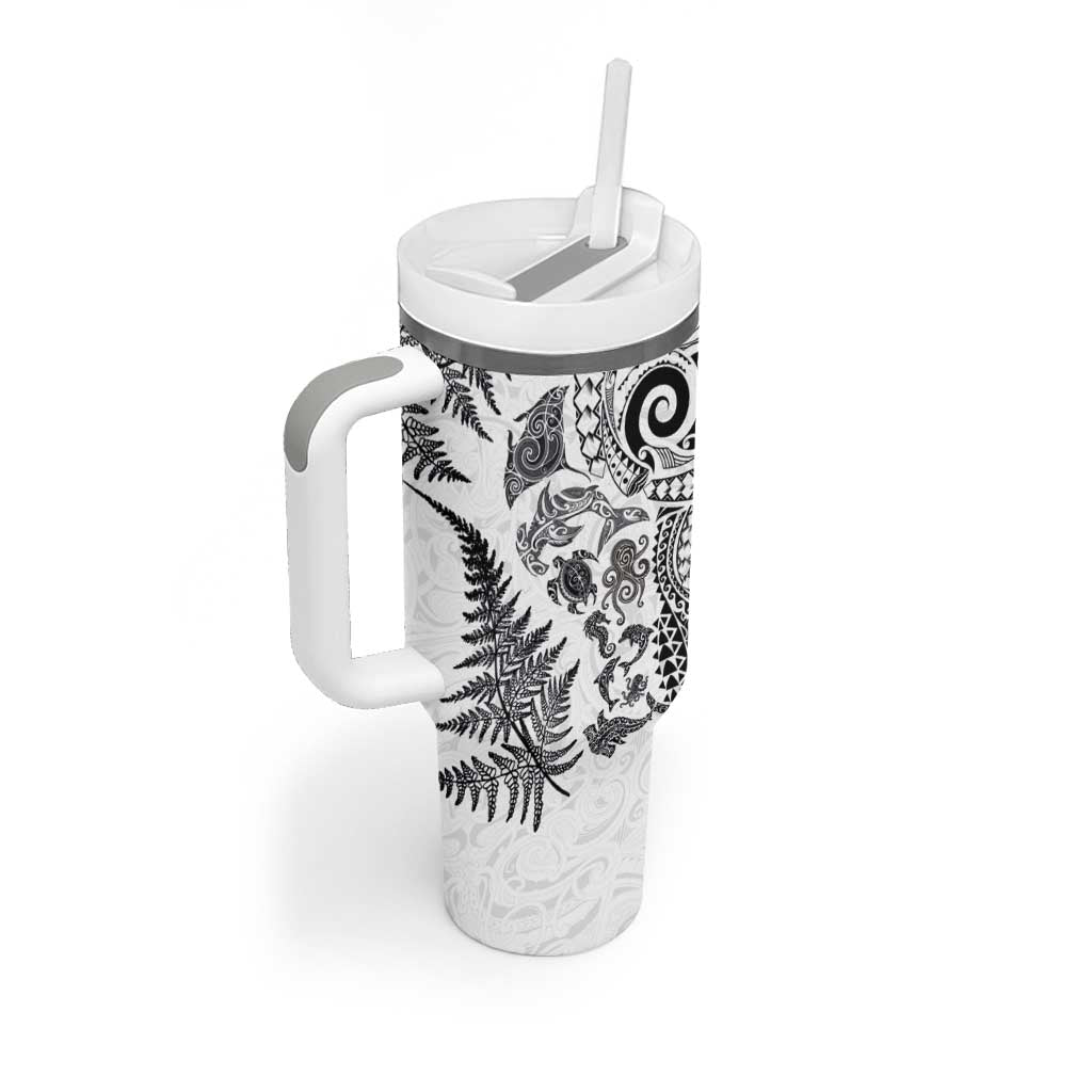 New Zealand Sea Animals Tumbler With Handle with Maori Koru Tribal Tattoo and Silver Ferns White Color LT03 - Polynesian Pride