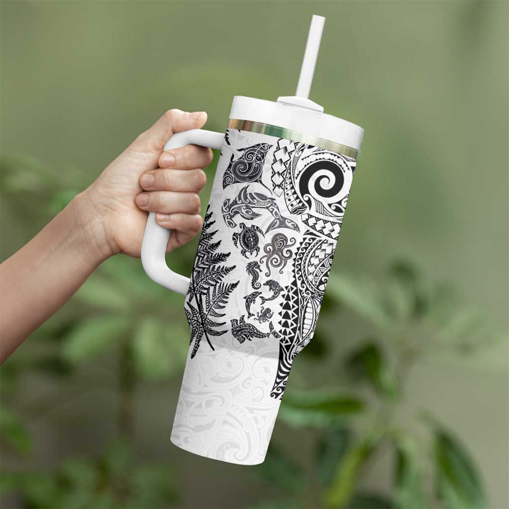 New Zealand Sea Animals Tumbler With Handle with Maori Koru Tribal Tattoo and Silver Ferns White Color LT03 - Polynesian Pride