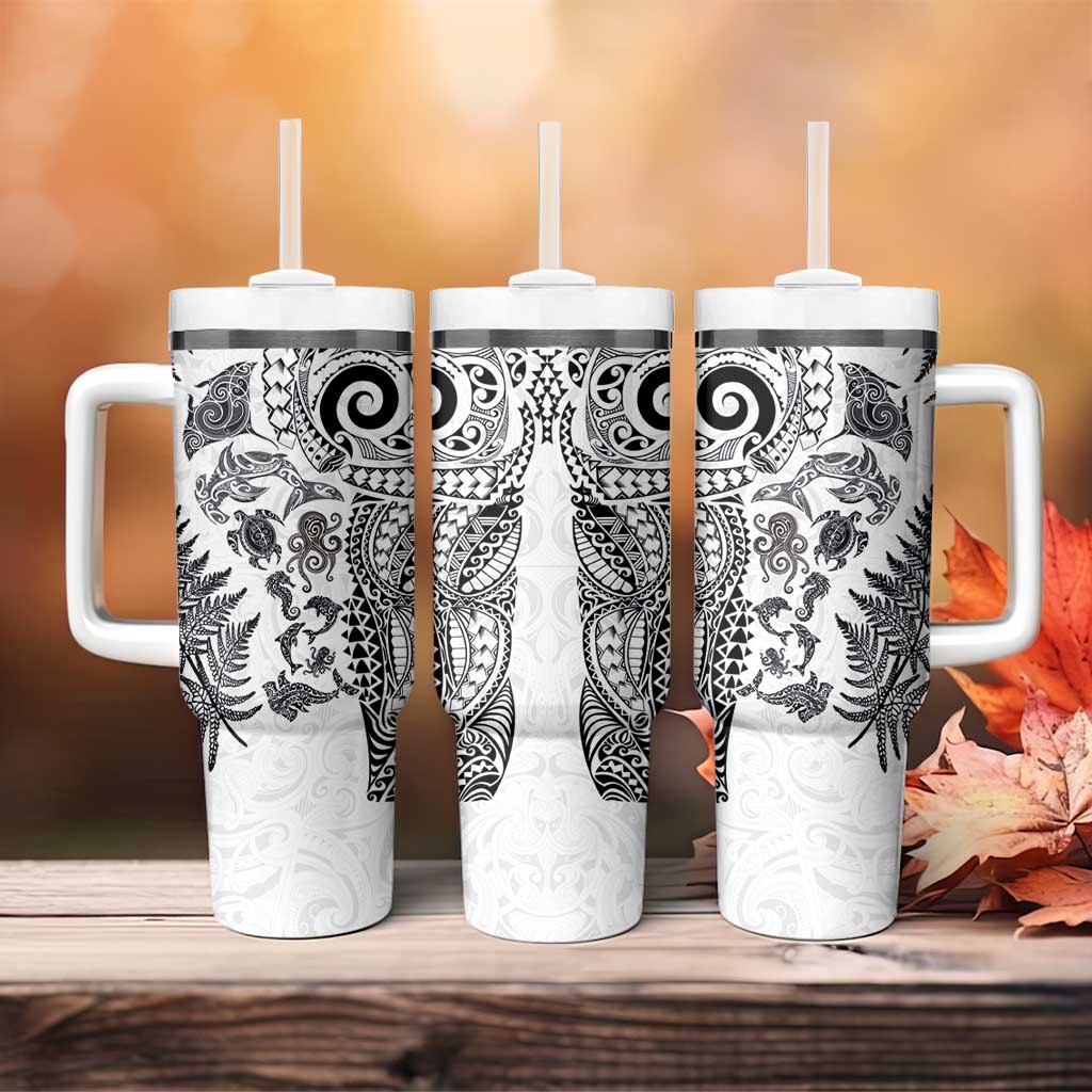 New Zealand Sea Animals Tumbler With Handle with Maori Koru Tribal Tattoo and Silver Ferns White Color LT03 - Polynesian Pride