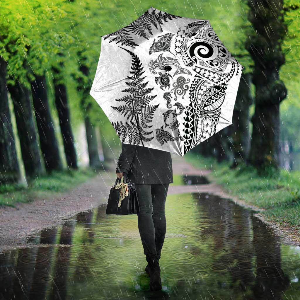 New Zealand Sea Animals Umbrella with Maori Koru Tribal Tattoo and Silver Ferns White Color LT03 - Polynesian Pride
