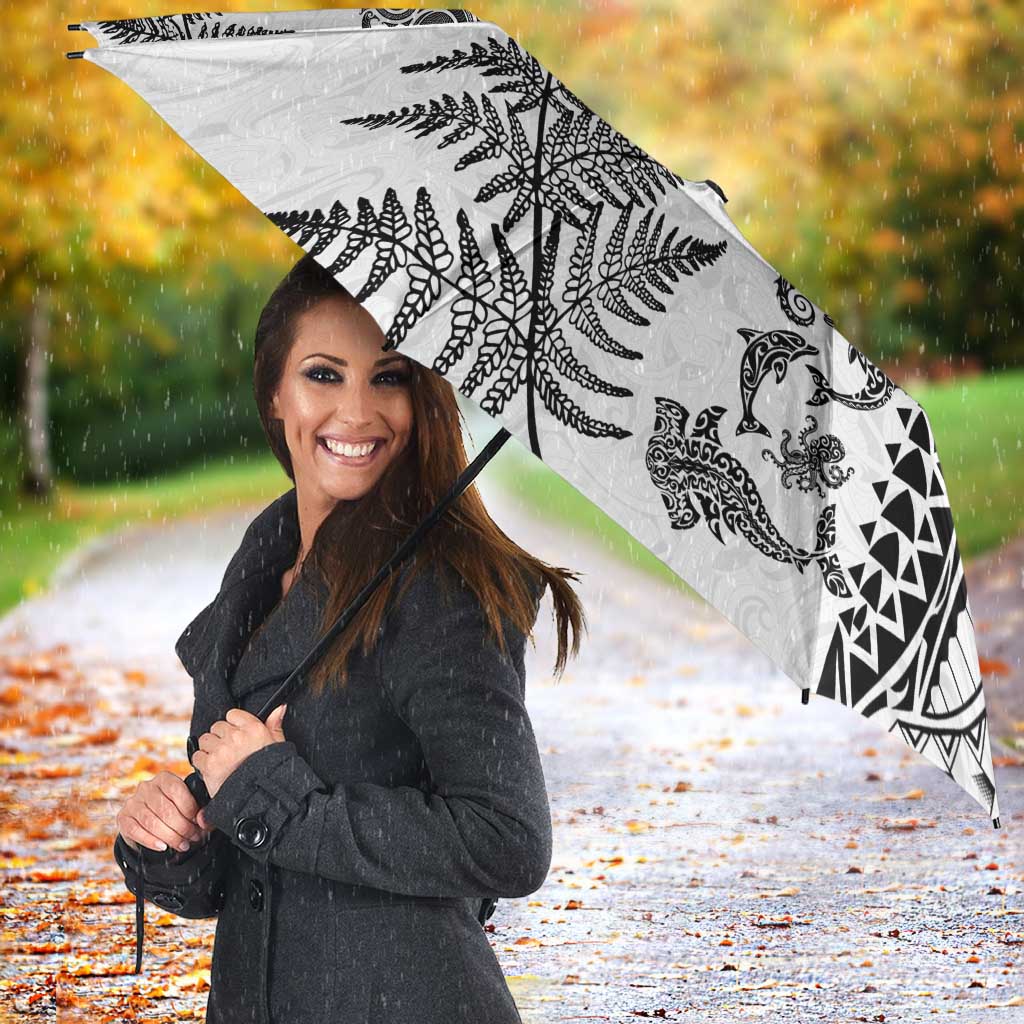 New Zealand Sea Animals Umbrella with Maori Koru Tribal Tattoo and Silver Ferns White Color LT03 - Polynesian Pride