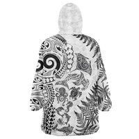 New Zealand Sea Animals Wearable Blanket Hoodie with Maori Koru Tribal Tattoo and Silver Ferns White Color LT03 - Polynesian Pride