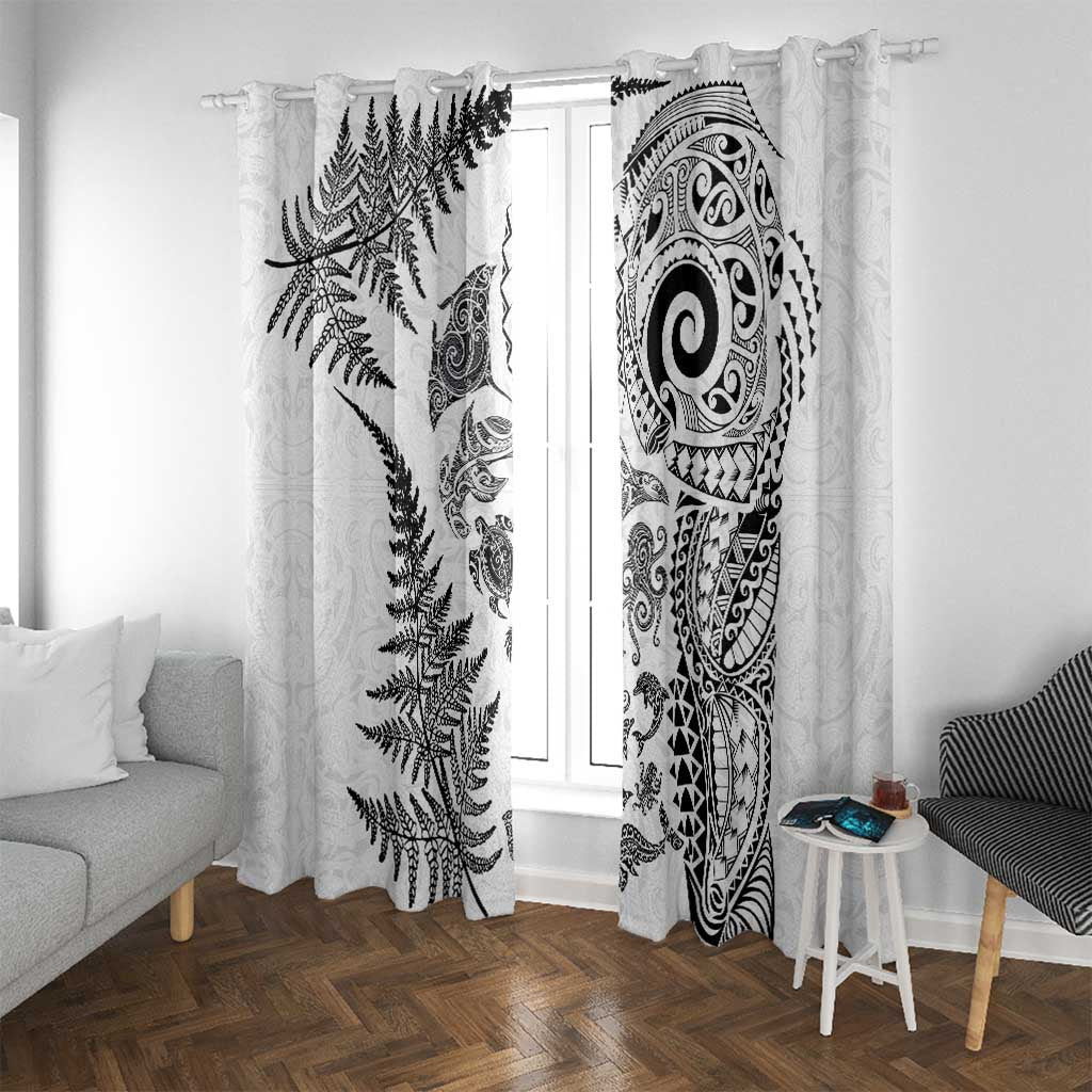 New Zealand Sea Animals Window Curtain with Maori Koru Tribal Tattoo and Silver Ferns White Color LT03 With Grommets White - Polynesian Pride