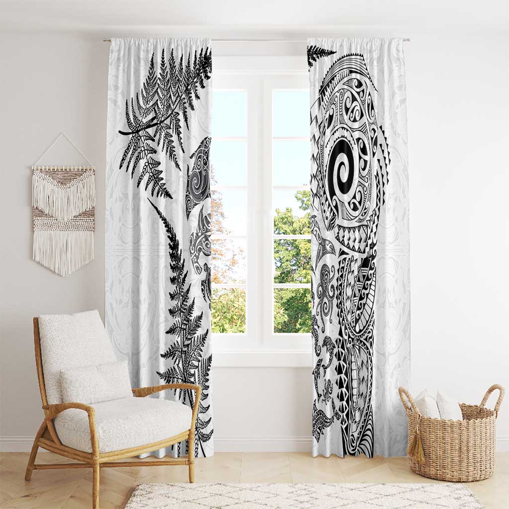 New Zealand Sea Animals Window Curtain with Maori Koru Tribal Tattoo and Silver Ferns White Color LT03 - Polynesian Pride