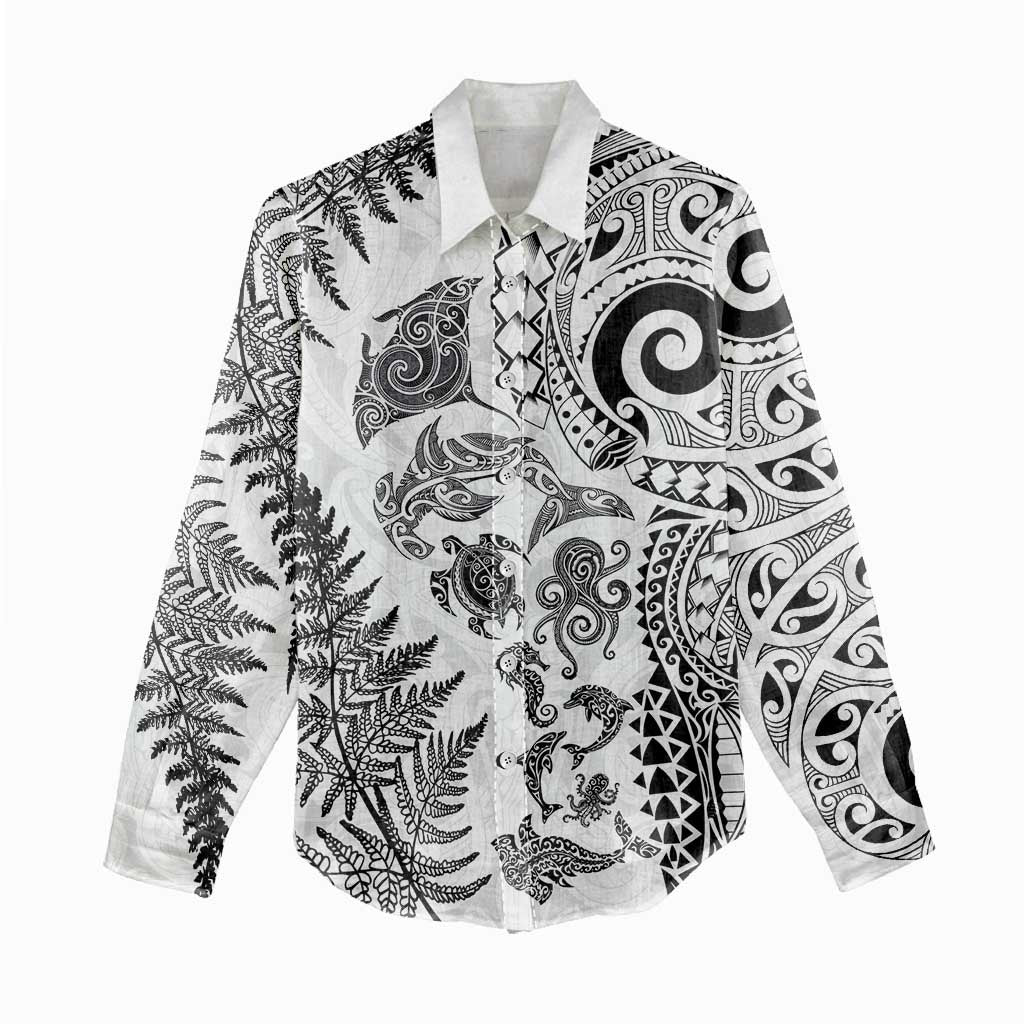 New Zealand Sea Animals Women Casual Shirt with Maori Koru Tribal Tattoo and Silver Ferns White Color LT03 - Polynesian Pride