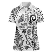 New Zealand Sea Animals Women Polo Shirt with Maori Koru Tribal Tattoo and Silver Ferns White Color LT03 Female White - Polynesian Pride